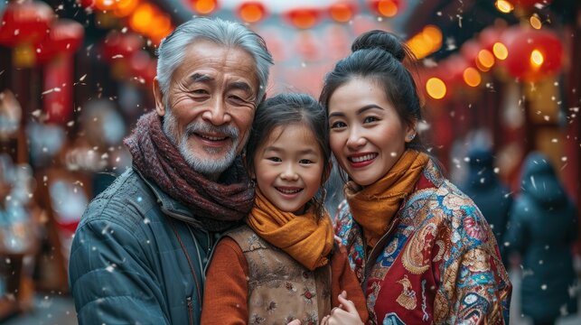 Smiling Chinese Family Celebrating The Traditional Activities Of Spring Festival In A Plaza Traditional Shopping District Background