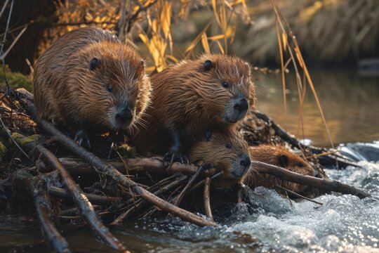Busy beavers build dam in stream