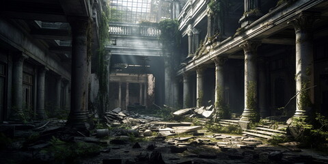 abandoned city building, post-apocalypse