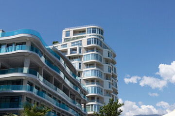Fototapeta na wymiar Modern resort hotel against the blue sky.