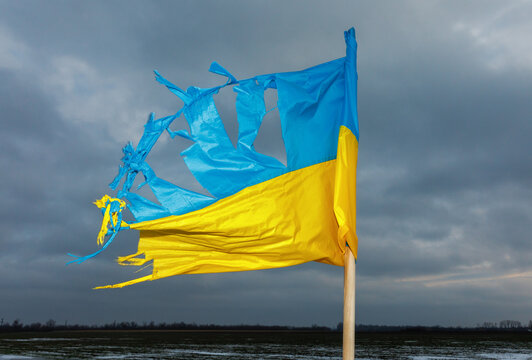 Tattered flag of Ukraine, Kharkiv region, December 2023