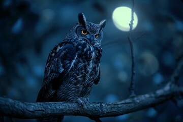 Wise owl perched on moonlit branch