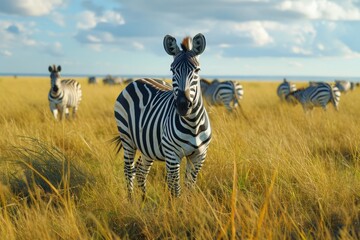 Obraz premium Zebra herd grazes on grassy plains