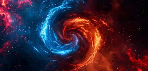 Electric blue and fiery red spiral collision;