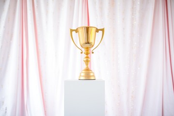 golden cup on a white pedestal with spotlights