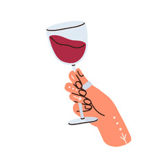 Red wine in wineglass. Hand holding glass on stem, swirling drink for tasting, smelling. Arm raised up with alcohol beverage in goblet. Flat graphic vector illustration isolated on white background