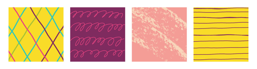 Simple Geometric Hand Drawn Irregular Patterns. Cute Colored Doodle Checkered simple drawing with textures, lines, dots and squiggles. Square Poster set