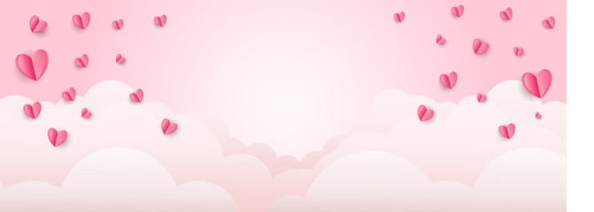 Holiday banner for Valentine's Day with paper pink hearts isolated on pink background with clouds. Vector EPS 10