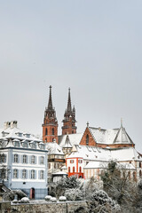 Basel, Münster, Kirche, Rhein, Rheinufer, Grossbasel, Altstadt, Altstadthäuser, Winter, Schnee, Schneedecke, Morgenstimmung, Basel-Stadt, Schweiz