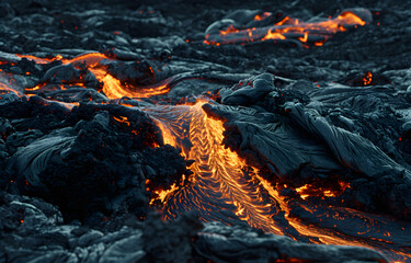 Lava flows aeriel view - hot burning magma during volcano eruption