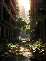 abandoned, destroyed city overgrown with jungle