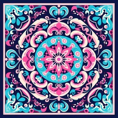 A vibrant mandala print, featuring dark turquoise, light pink, intricate borders, hand-colored, and full of color. Generative AI