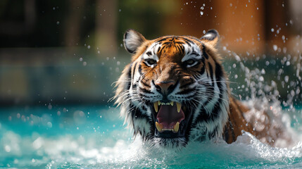 Fototapeta na wymiar Excited tiger in pool swimming and playing in the water