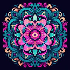 A vibrant mandala print, featuring dark turquoise, light pink, intricate borders, hand-colored, and full of color. Generative AI