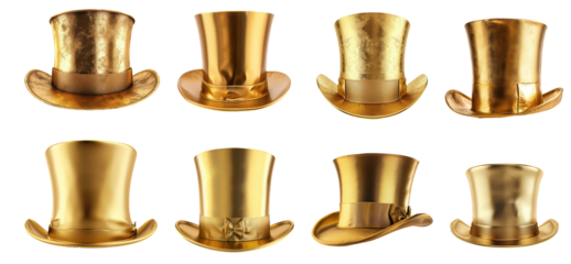 set of golden top hats isolated on transparent background 