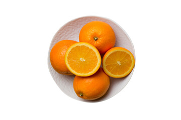 Flat lay of Fresh orange fruit with sliced in plate isolated on white background. Top view with copy space