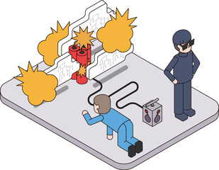 クラウドを破壊した犯罪者のアイソメイラスト