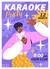 Karaoke party poster. Music and song live show, promotion, invitation card design. Night club flyer background template. Advertisement banner with black woman singing. Flat vector illustration