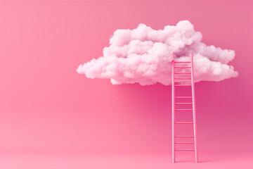 ladder to cloud on pink background. Success concept ladder leading to cloud. Minimalistic 3d image on pink background. Surreal image of a staircase leading into pink clouds