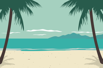 Sea sandy beach with palm trees, sea and mountain views. Simple vector illustration of paradise beach in flat style for design. Summer vacation. - obrazy, fototapety, plakaty