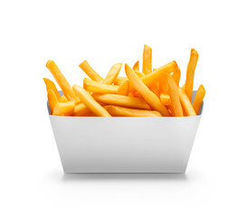 box with french fries on white background
