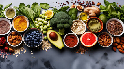 Variety of Fresh Healthy Superfoods on Dark Background - obrazy, fototapety, plakaty