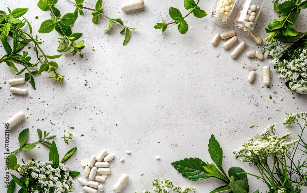 Wall mural Herbal medicine in capsules made from herb leaves, top view - Wall murals