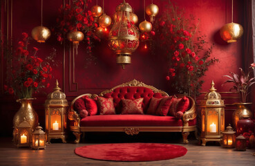 Opulent Red Ambiance Interior Decoration with Golden Lanterns and Royal Chinese Vibe