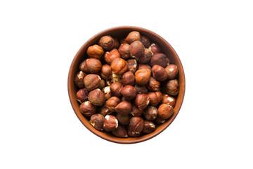 Roasted hazelnut in bowl isolated on white background. hazelnut is snack or raw of cook. Healthy food concept