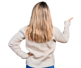 Young blonde woman wearing casual clothes posing backwards pointing ahead with finger hand