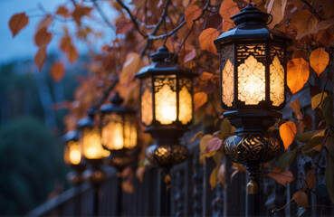 Ornate Lanterns Aglow Amongst Twilight Leaves. Enchanted Evening Lights through Delicate Lantern Patterns.