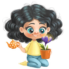 Cute cartoon girl with a spring crocus flower in a pot and a watering can sits on the floor
