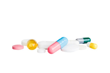 Many different colorful medication and pills perspective view. Set of many pills on colored background