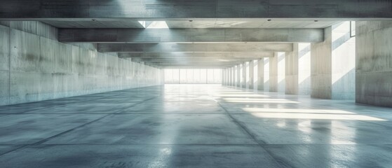Empty underground parking background in modern building with concrete white walls with sunlight going through ceiling skylight portal, Template 3d rendering. Generative ai - obrazy, fototapety, plakaty