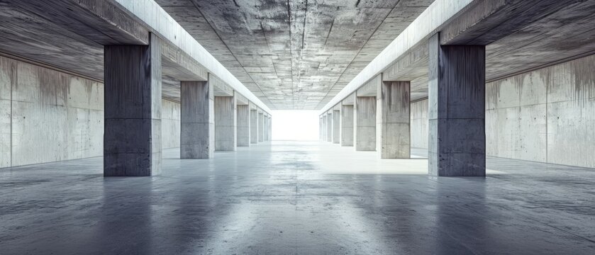 Empty underground parking background in modern building with concrete white walls with sunlight going through ceiling skylight portal, Template 3d rendering. Generative ai