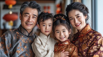happy vogue fashion Chinese family wearing traditional clothes