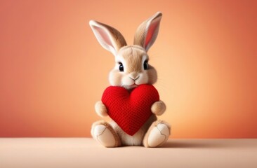 Fototapeta na wymiar A cute bunny turn a red heart on a light backdrop for a delightful Valentine's Day.