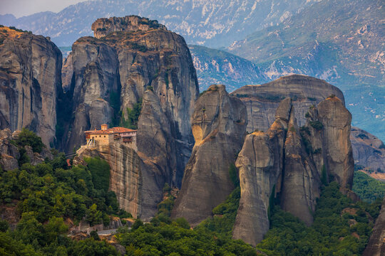 View of Meteora, a rock formation with a complex of Orthodox Monastery in the regional unit of Trikala, Thessaly, Greece.