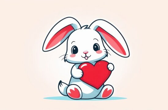 Cute bunny celebrates love by pawing a red heart in a heartwarming Valentine's Day setting,illustration.