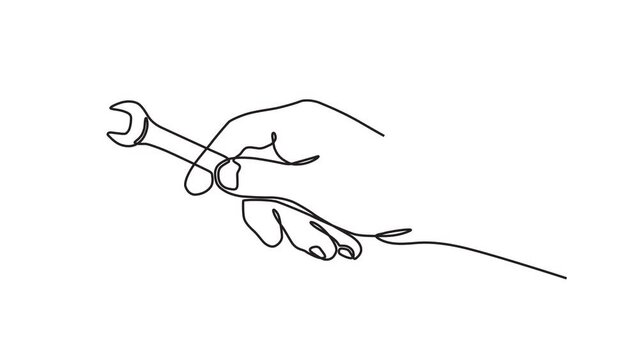 Continuous one line animation. Hand drawn animated motion graphic element of a hand holding a wrench. concept of repair, service, construction, mechanics. 4k videos