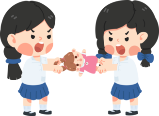 girl student pulling doll with friend and feel angry