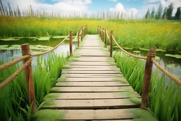 a wooden walkway weaving through a green landscape