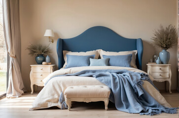 bed with beige fabric headboard and blue pillows and blanket. French country, provence interior design of modern bedroom.