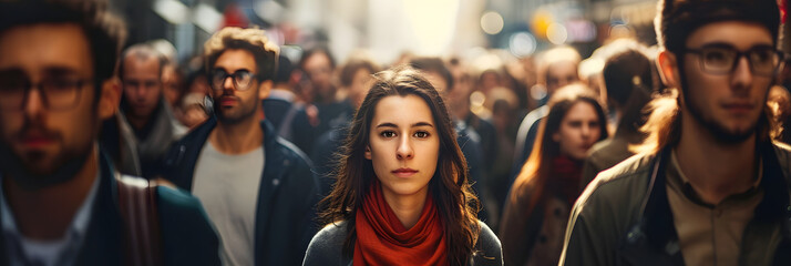 Large group of people standing in the street with focus on woman looking at camera, illustration