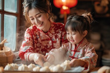 Naklejka premium Chinese family mother and children bake steamed stuffed bun in new year