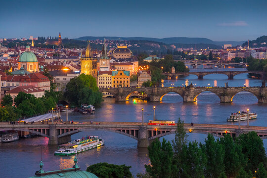 View of Charles Bridge and Prague downtown crossing the Moldava River (Vltava River) in Prague, Praha, Czechia, Czech Republic.