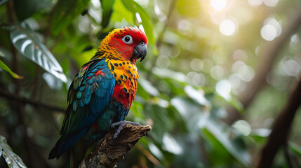 Amazon parrots sitting on the tree branch in the jungle.