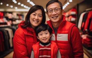 Fototapeta premium Asian smiling parents with kid wearing red new year clothes