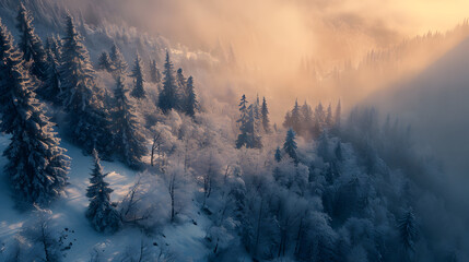 Winter mountain landscape with pine forest
