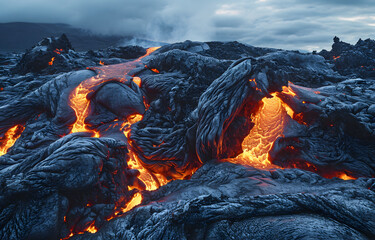 Lava flows  - hot burning magma during volcano eruption